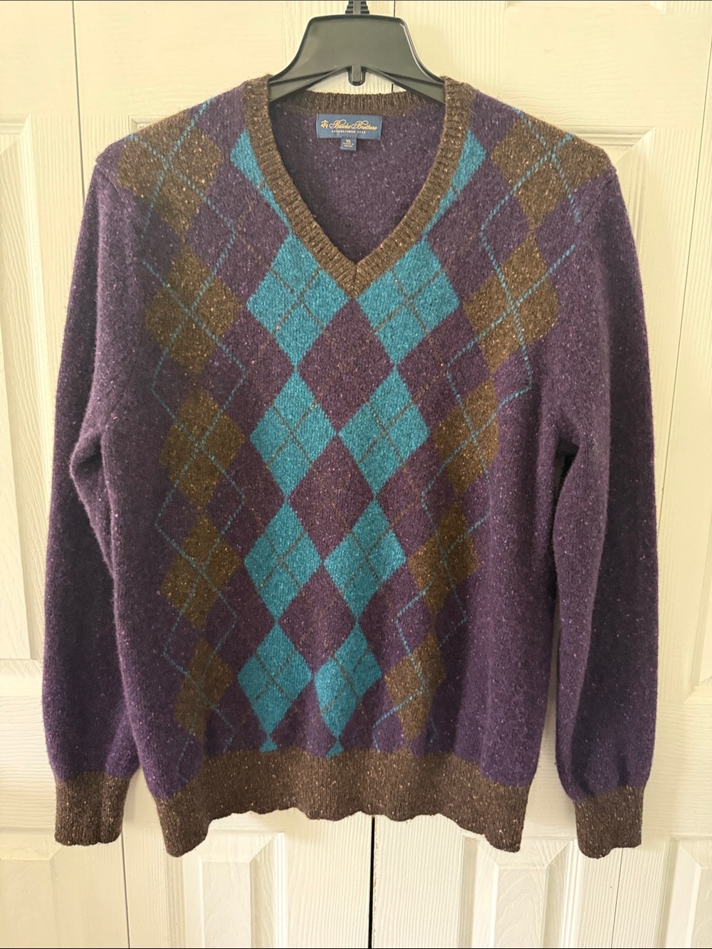 Brooks Brothers Purple V-Neck Argyle Sweater Merino Wool Sz XL